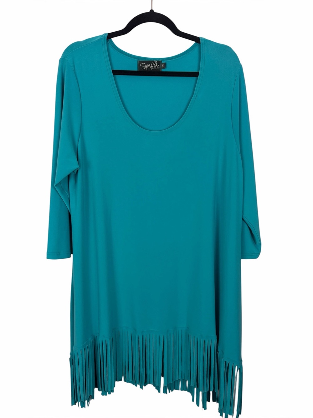 Sympli Grand Fringe Hem Tunic Top Teal Blue 3/4 Sleeve Made in Canada Size 0G